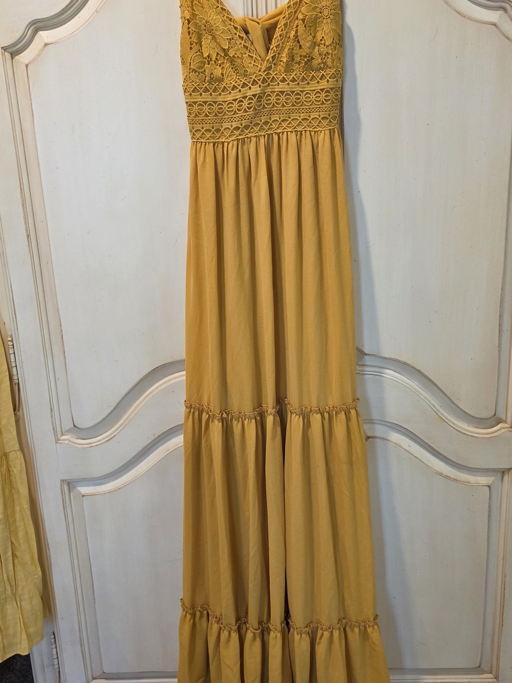 Mustard Yellow Lace-Trim Maxi Dress with Tiered Skirt